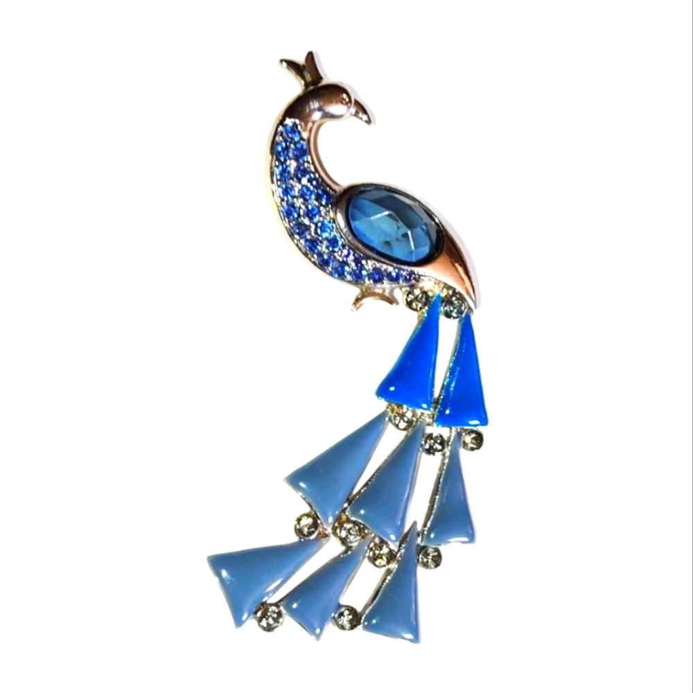 Shades of Blue Peacock Jelly Belly Big Brooch Enamel Rhinestone Costume Jewelry